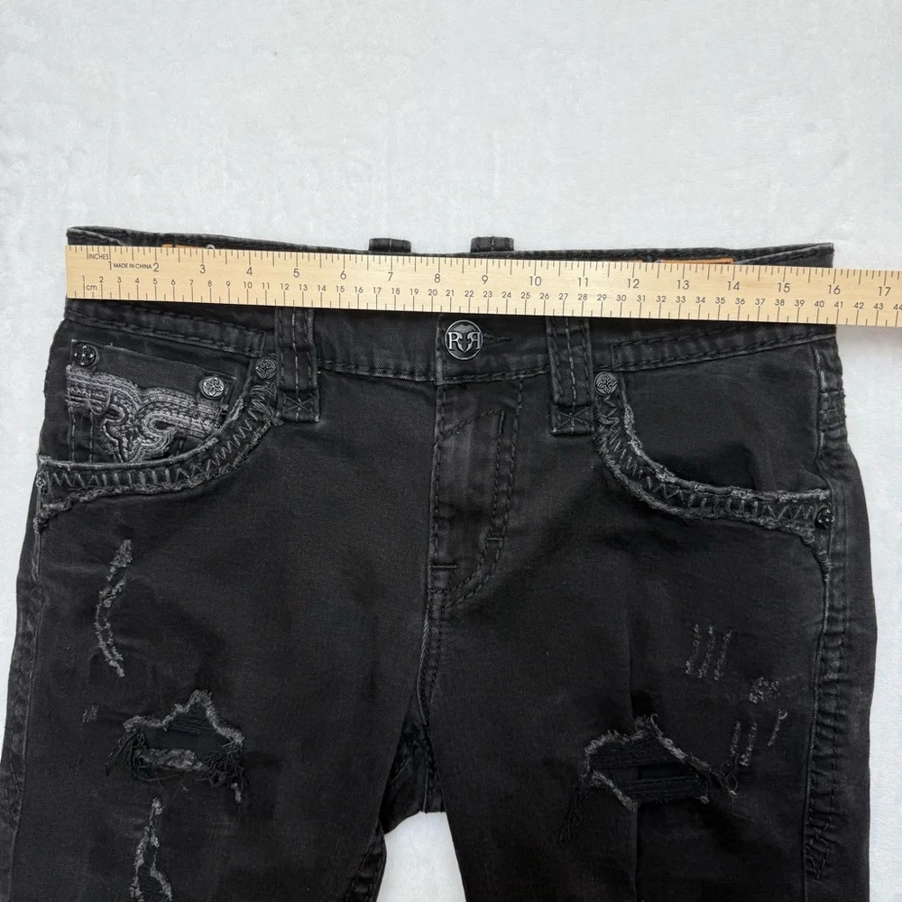 Rock Revival Mens Jean Shorts Size 32 Black Lorenzo Jorts Distressed Embroidery - Picture 6 of 14